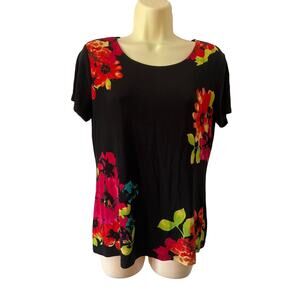 Choices Size M Black Floral Print Slinky Knit Top Vintage